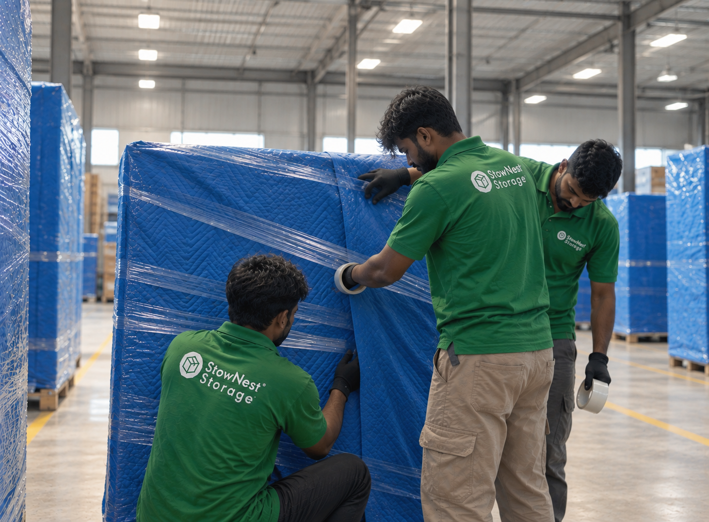 StowNest team wrapping items for secure storage